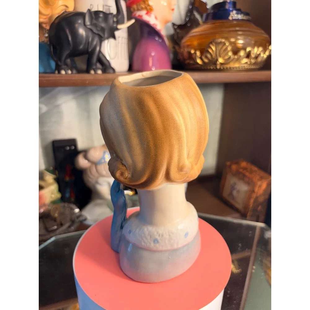 Vintage Mid Century Ceramic Lady Head Vase Blue Glove Blonde Hair 1950s Planter